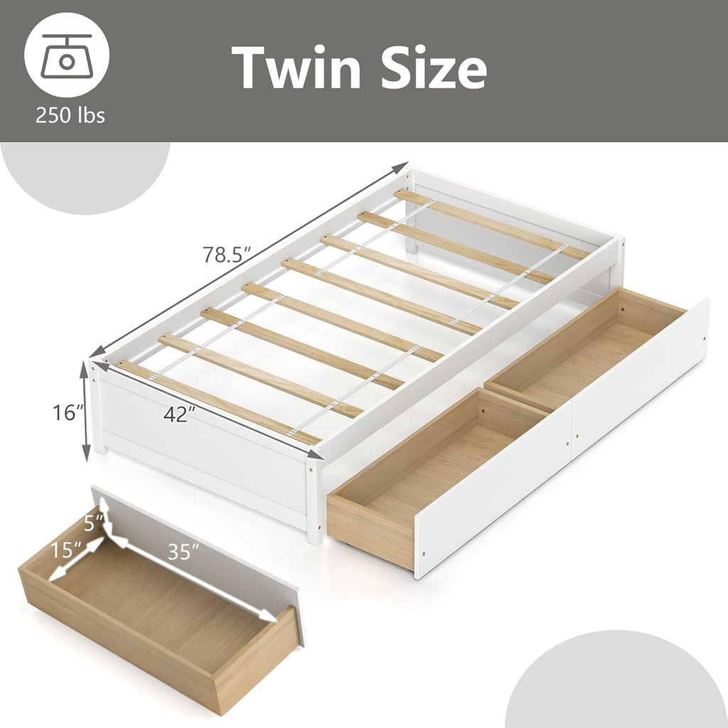 Wooden Twin Bed with Drawers