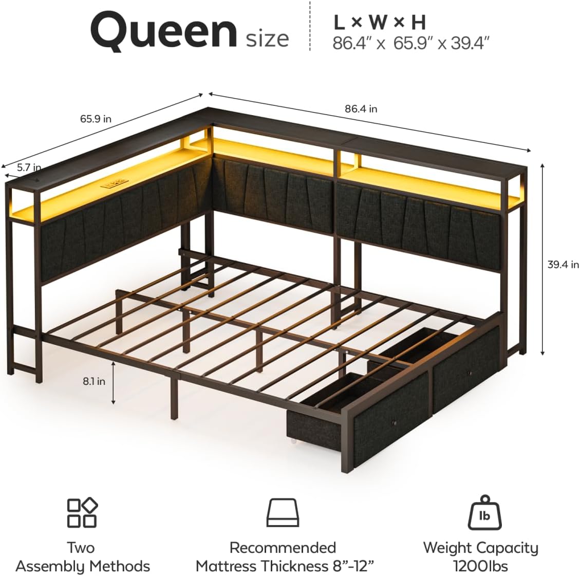 Queen Daybed with LED & Drawers