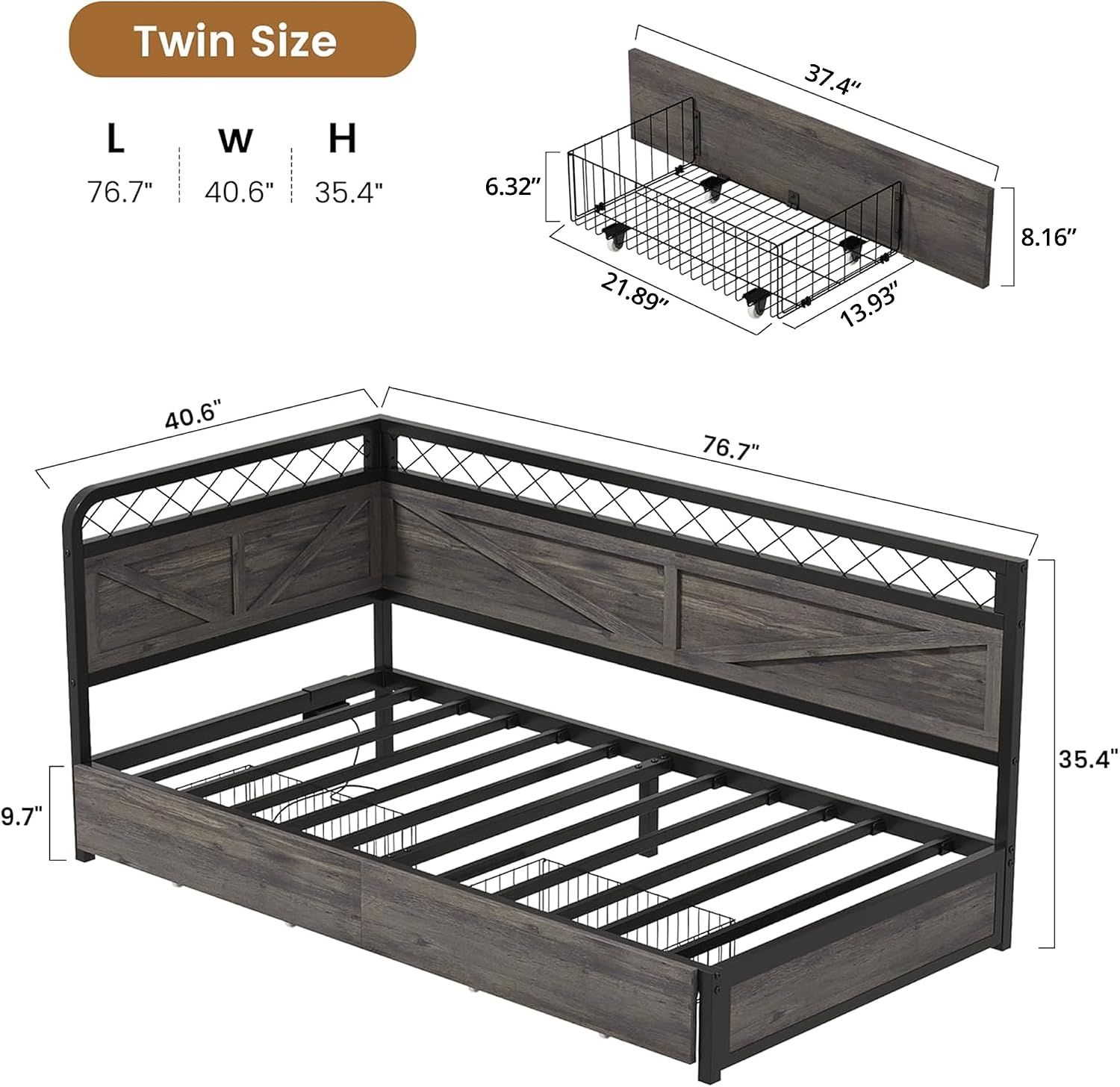 Twin Daybed with LED & Drawers