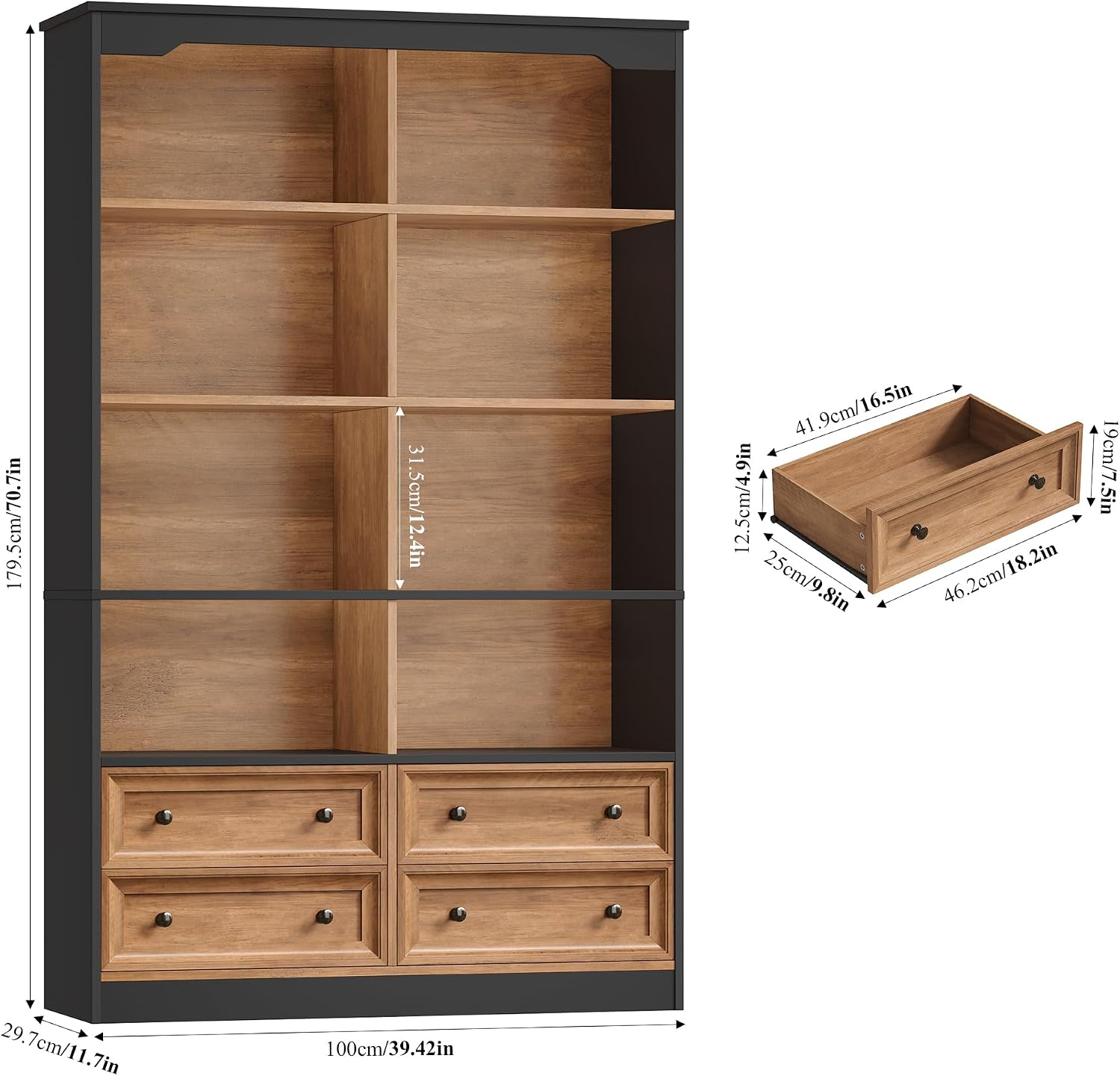 Wide Tall Bookcase with Drawers