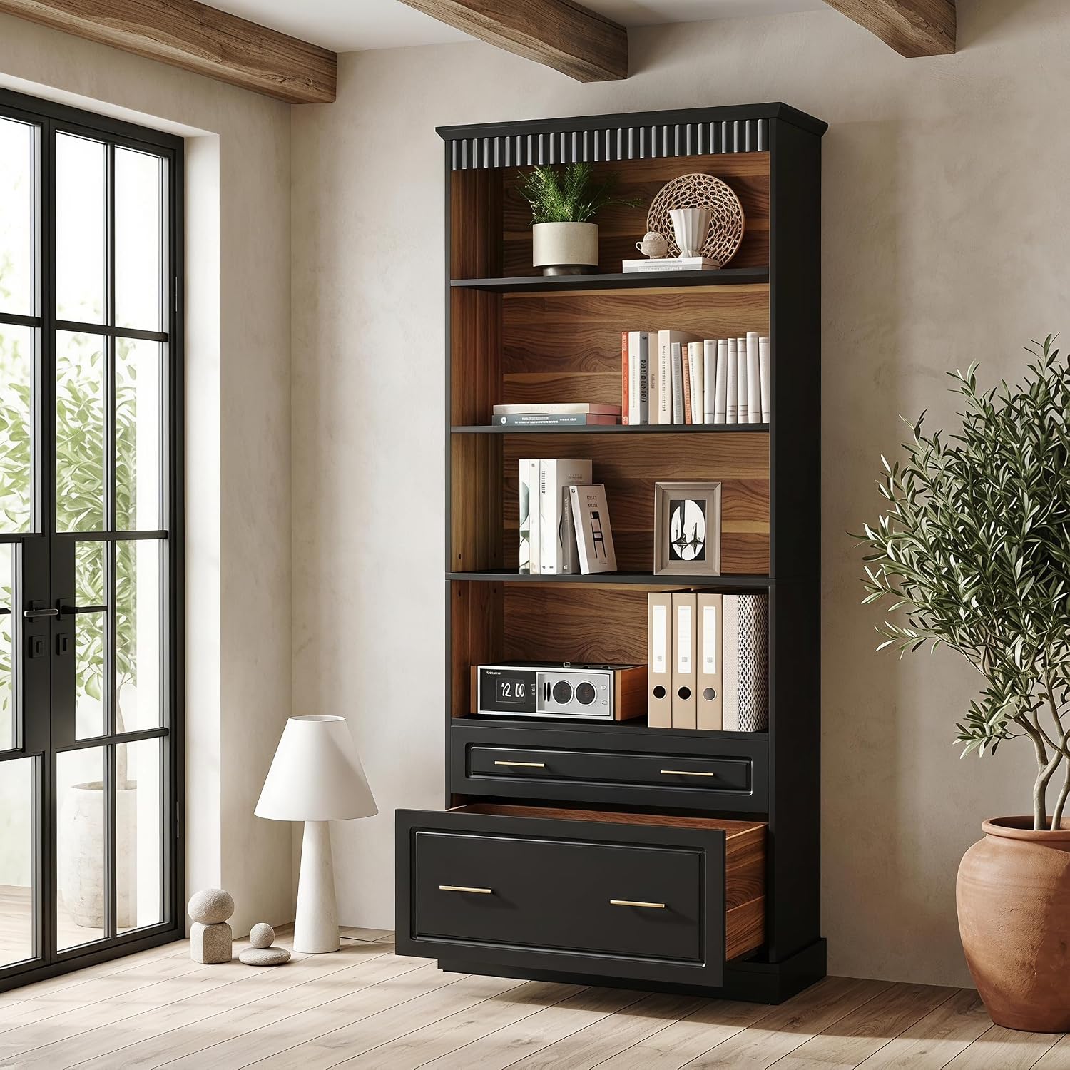 Tall Bookcase with Drawer Cabinet