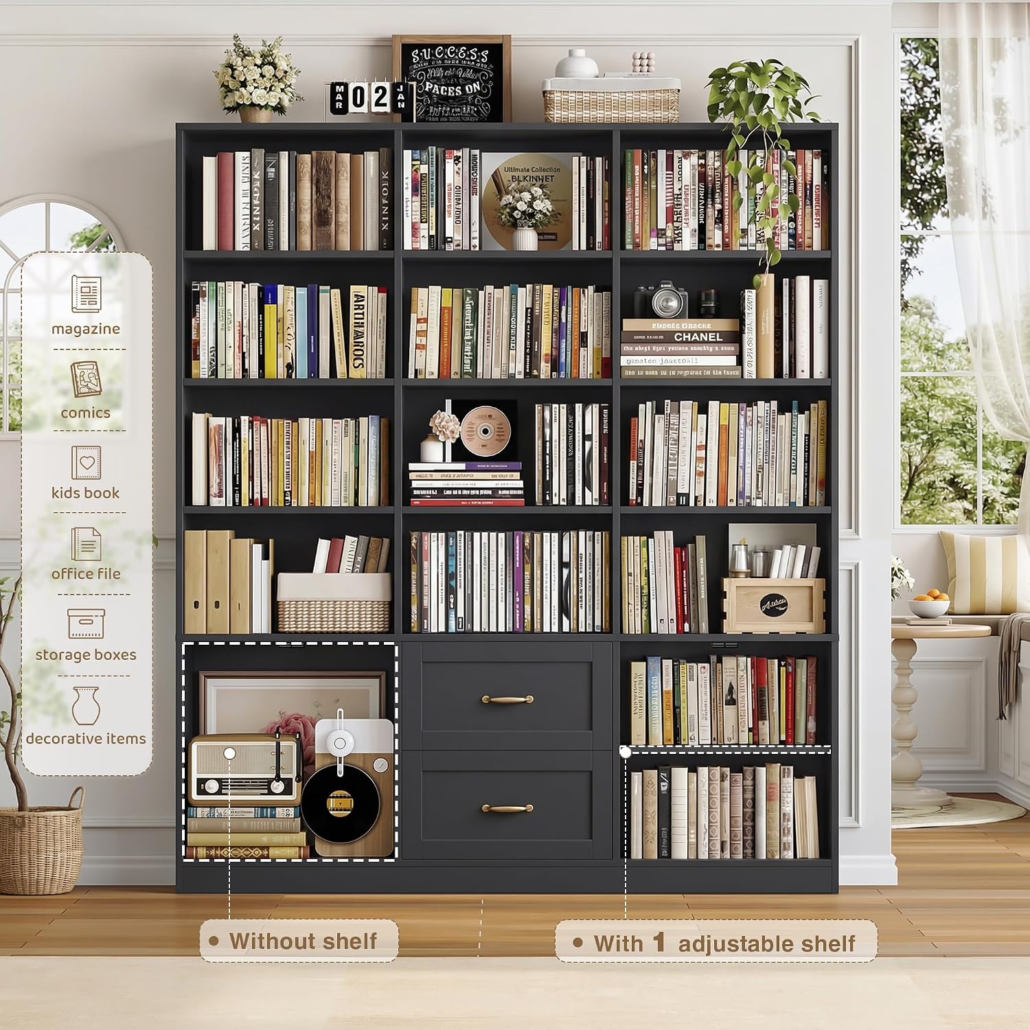 Wide Bookcase with Drawers & Doors