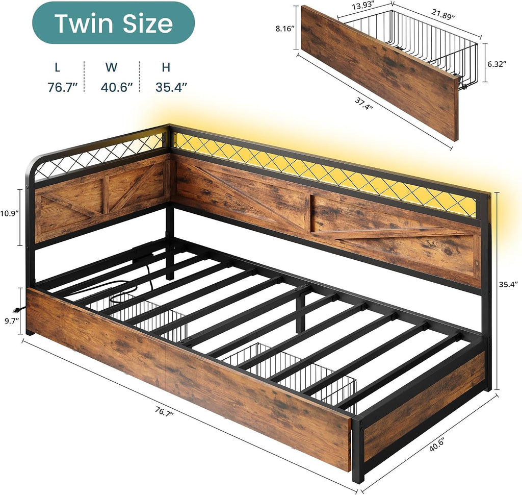 Twin Daybed with LED & Drawers