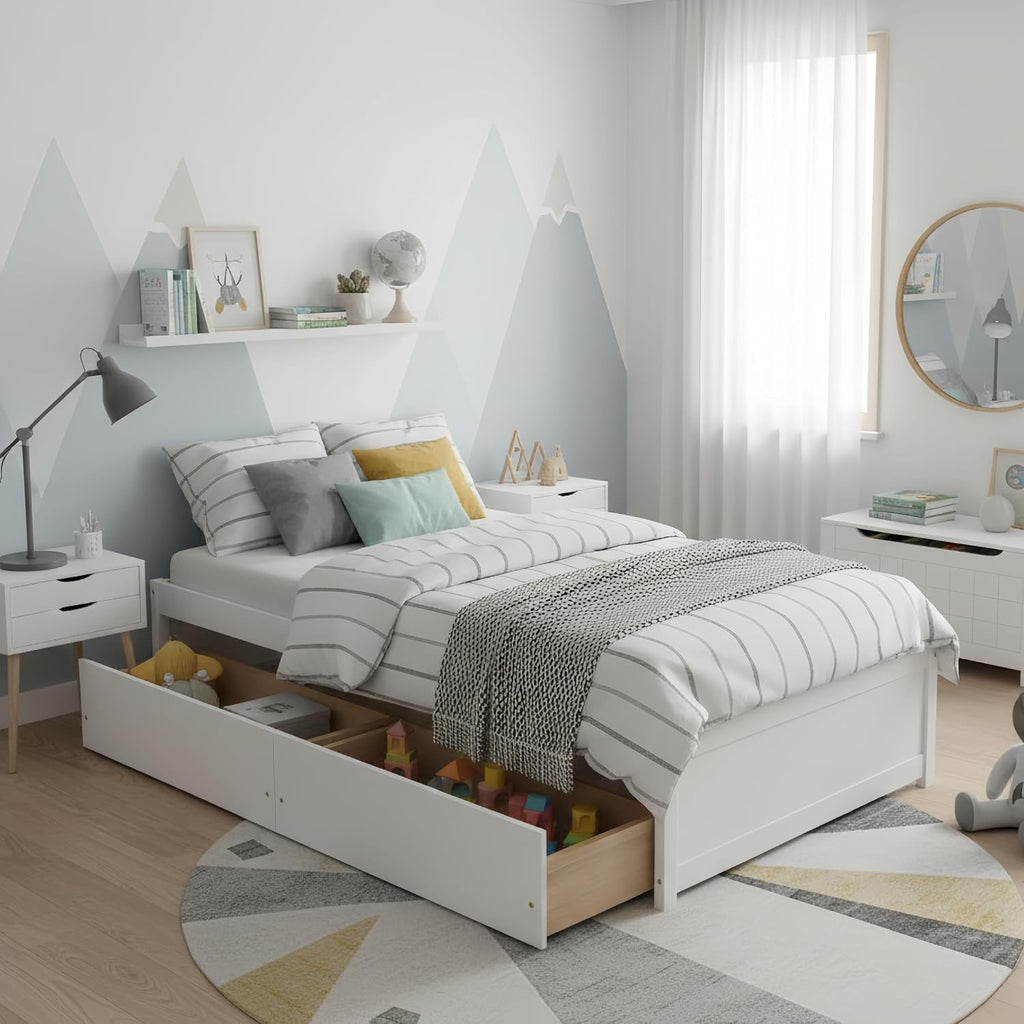 Wooden Twin Bed with Drawers
