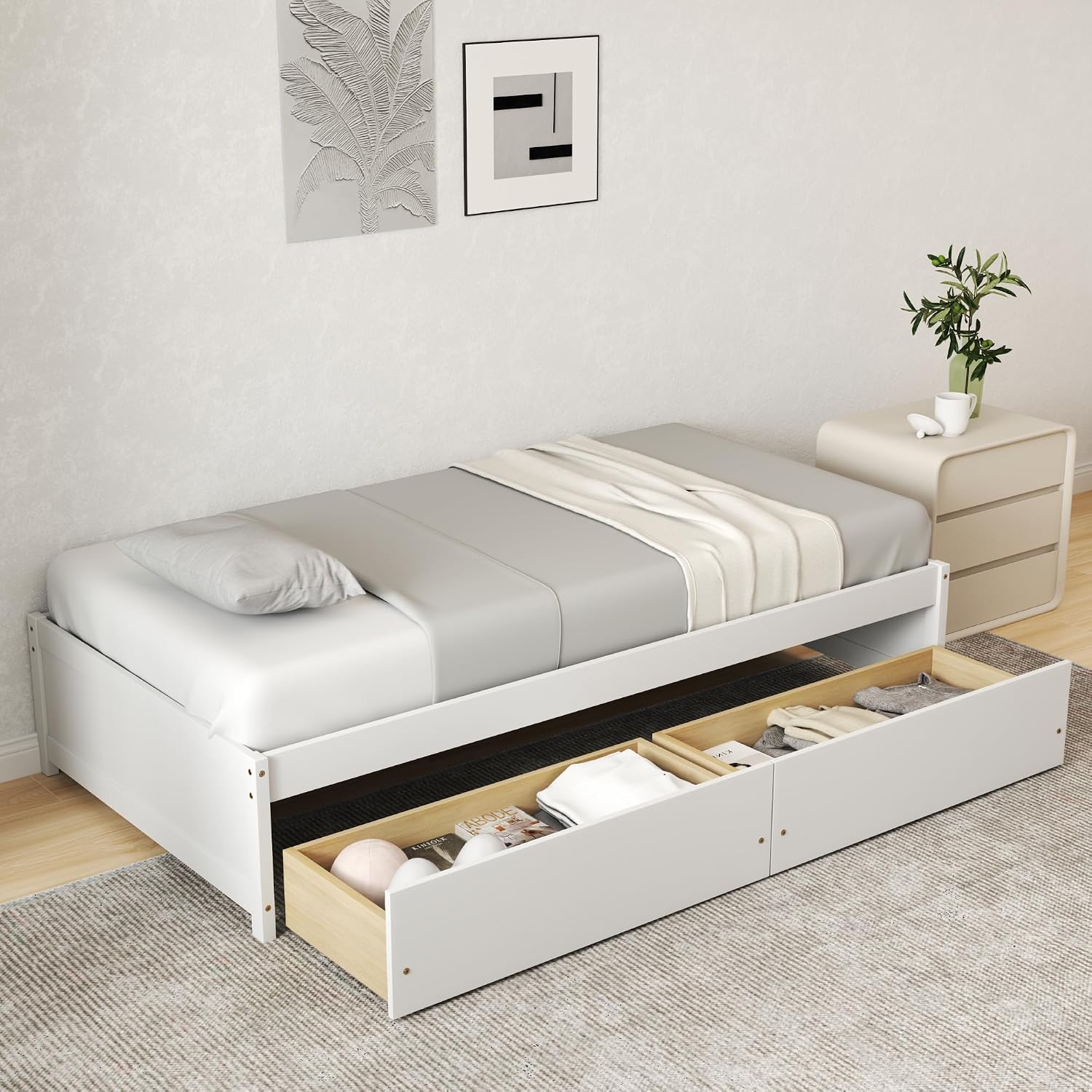 Wooden Twin Bed with Drawers
