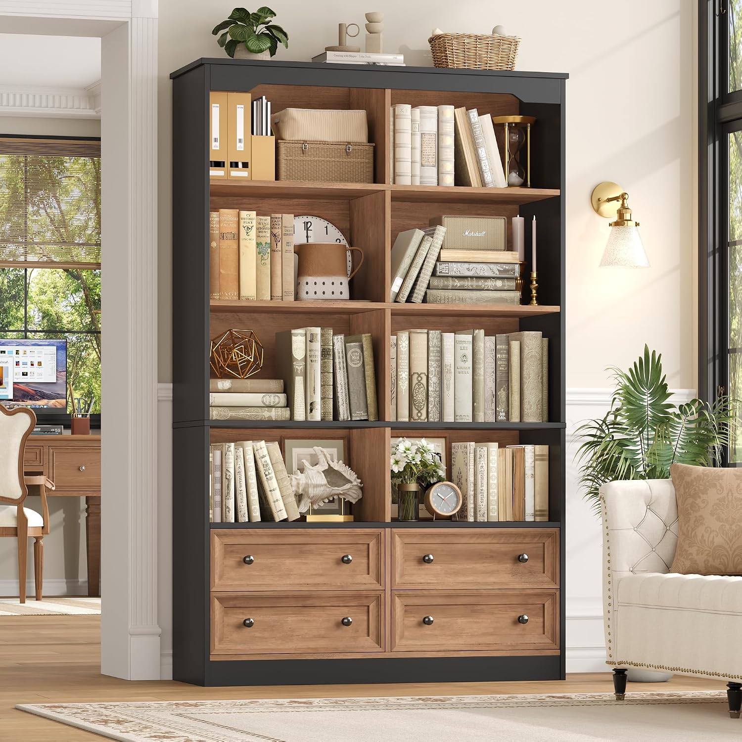 Wide Tall Bookcase with Drawers