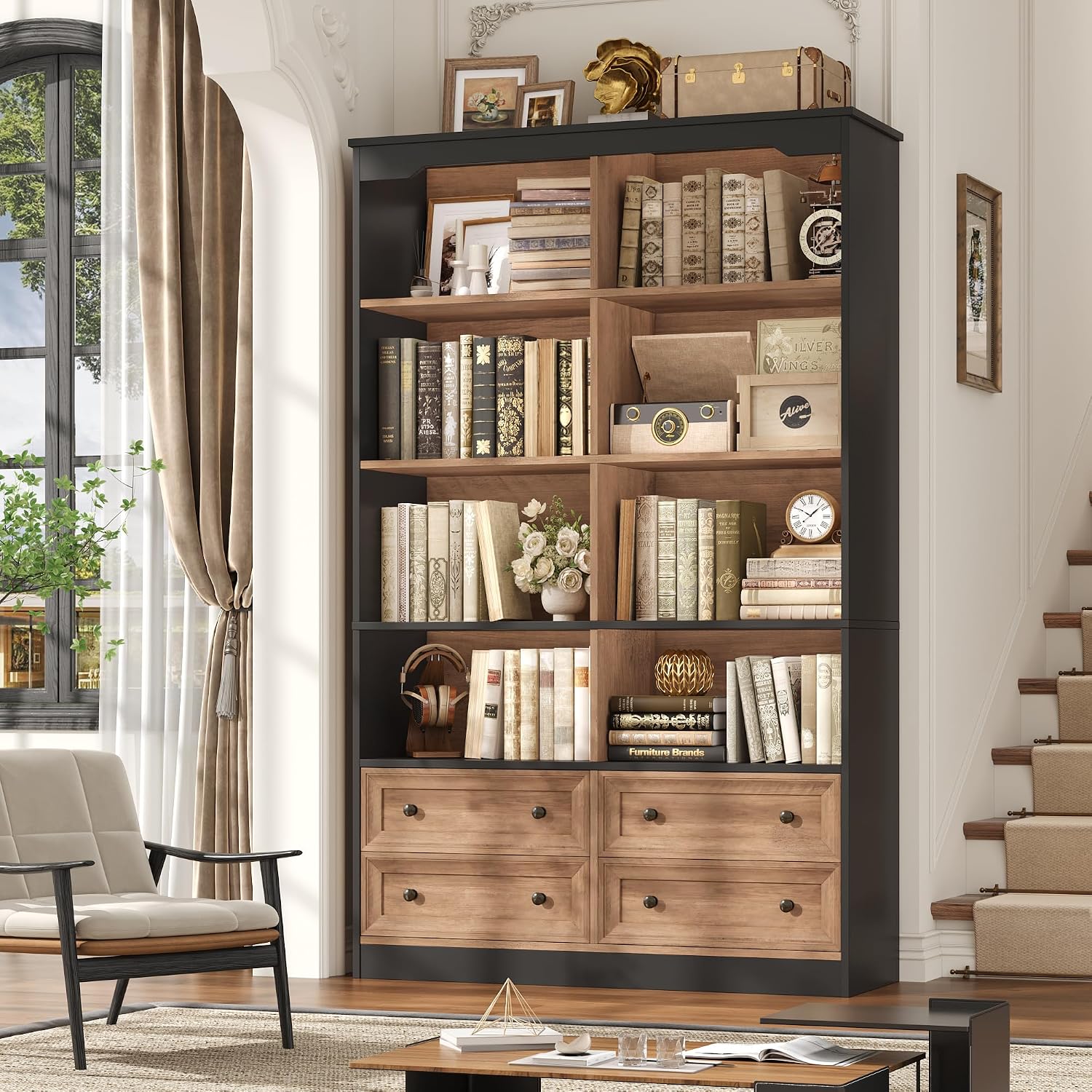 Wide Tall Bookcase with Drawers
