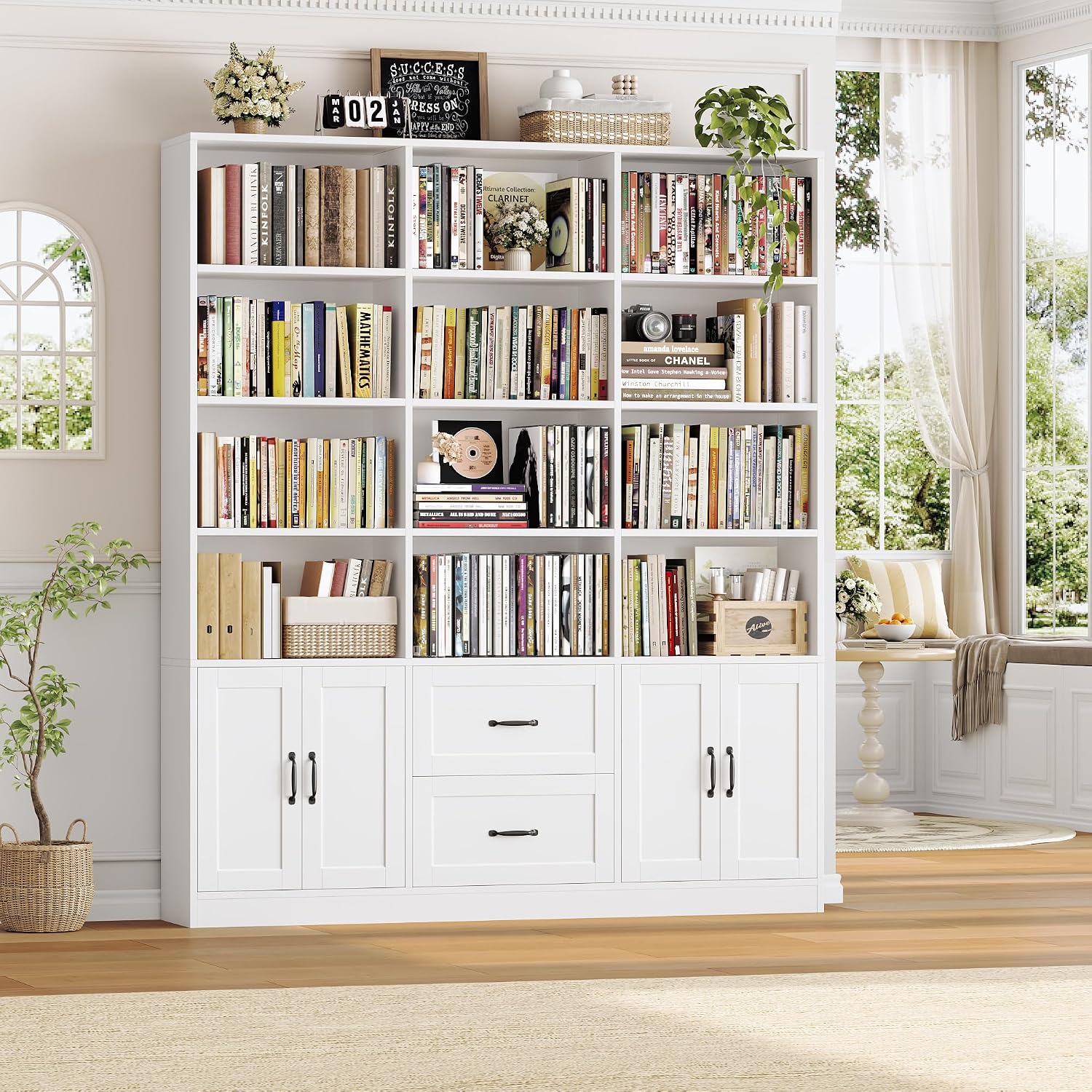 Wide Bookcase with Drawers & Doors