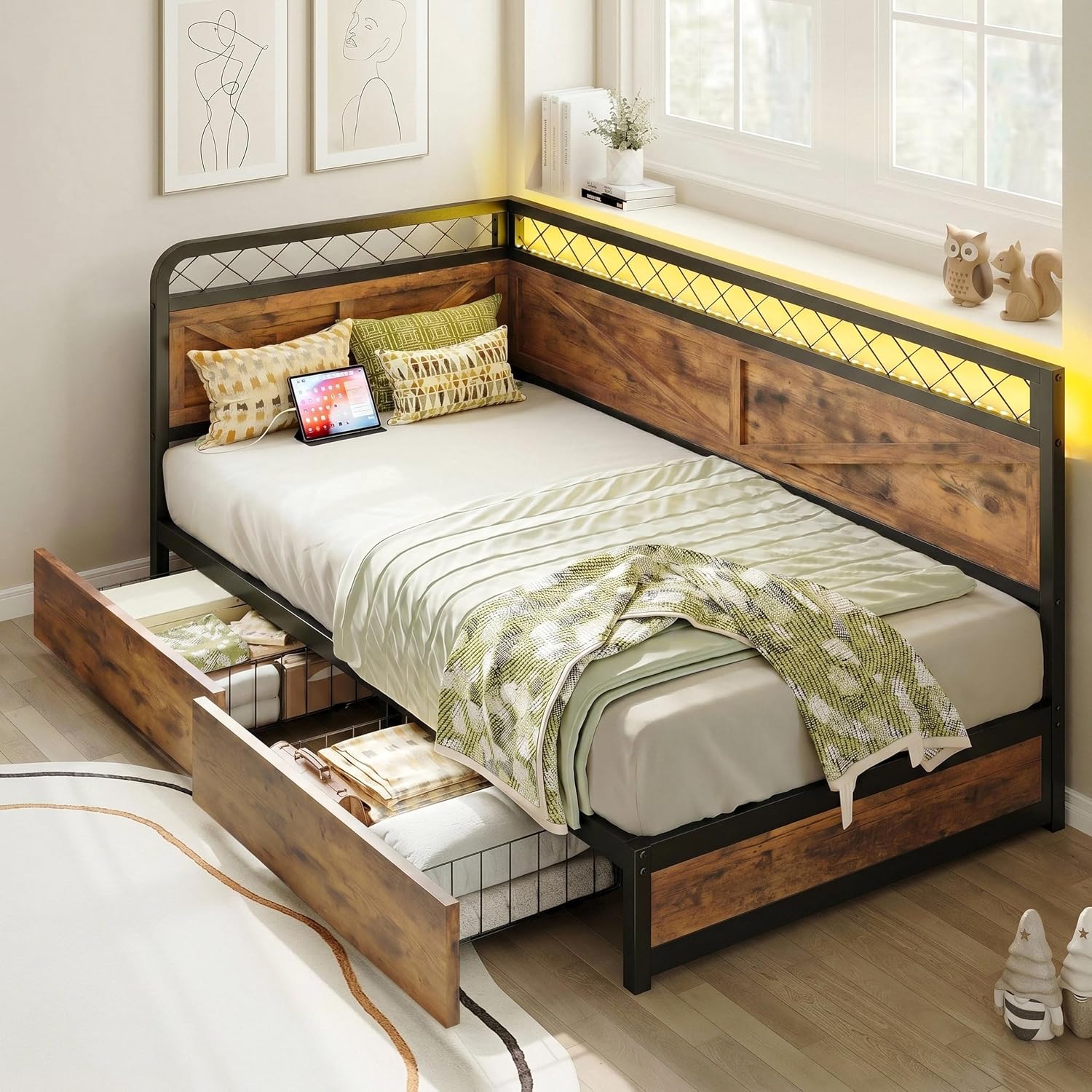 Twin Daybed with LED & Drawers